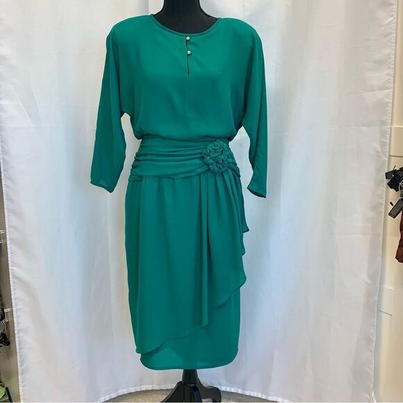 VINTAGE Emerald Green wrap skirt ruched waist dress - Picture 14 of 14